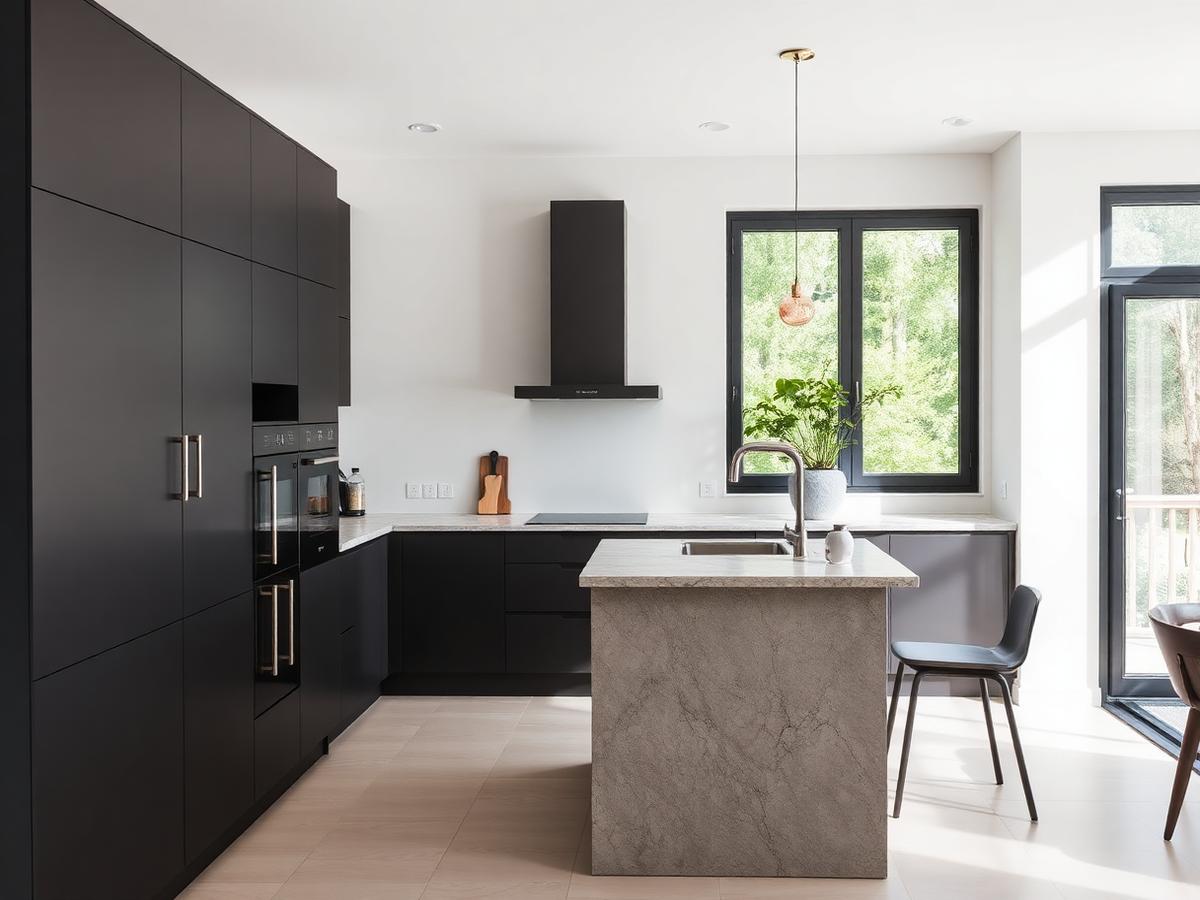 Cozinha remodelada com armários escuros